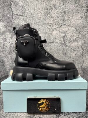 Prada Monolith 60mm Pouch Ankle Boots Black Brushed Leather And Nylon